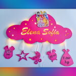 Lampa de veghe personalizata cu numele bebelusului si datele de la nastere model norisor cu personaje din desene animate 14