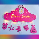 Lampa de veghe personalizata cu numele bebelusului si datele de la nastere model norisor cu personaje din desene animate 14