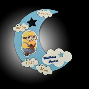lampa de veghe personalizata cu numele copilului si datele de la nastere model luna cu aprindere led
