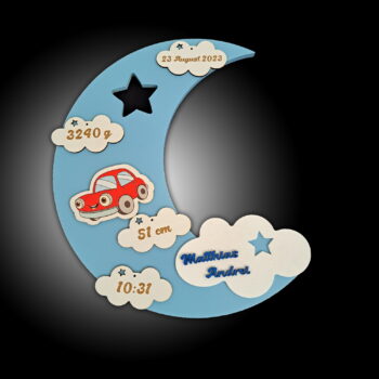 lampa de veghe personalizata cu numele copilului si datele de la nastere model luna cu aprindere led