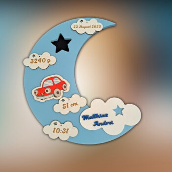 lampa de veghe personalizata cu numele copilului si datele de la nastere model luna cu aprindere led