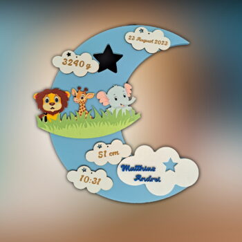 lampa de veghe personalizata cu numele copilului si datele de la nastere model luna cu aprindere led