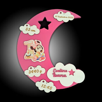 lampa de veghe personalizata cu numele copilului si datele de la nastere model luna cu aprindere led