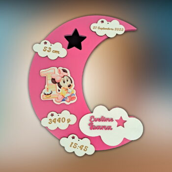 lampa de veghe personalizata cu numele copilului si datele de la nastere model luna cu aprindere led