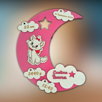 lampa de veghe personalizata cu numele copilului si datele de la nastere model luna cu aprindere led