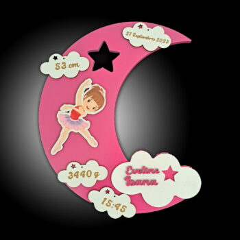 lampa de veghe personalizata cu numele copilului si datele de la nastere model luna cu aprindere led