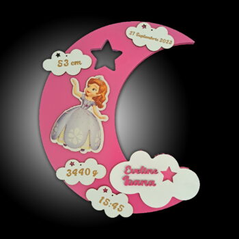 lampa de veghe personalizata cu numele copilului si datele de la nastere model luna cu aprindere led