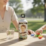 idon sport personalizat pentru copii, din metal alb, cu nume și poză, capacitate 500 ml sau 750 ml, ideal pentru școală și activități sportive.