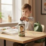 idon sport personalizat pentru copii, din metal alb, cu nume și poză, capacitate 500 ml sau 750 ml, ideal pentru școală și activități sportive.